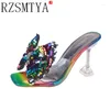 Тапочки Большой размер женщин 2024 Bow Crystal High Heels Square Square Sandals Sandal