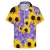 メンズカジュアルシャツ3Dプリントヒマワリ植物ブラウス紫色の花のグラフィックビーチ男性服のための休暇Y2K半袖ボーイボタントップ