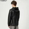 Incerun Men Sweatshirts Solid Color Pu Leather Hooded Long Sleeve Fashion Casual Hoodies Streetwear Punk Pullover S-5XL 240426