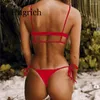 Kvinnors badkläder ihåliga röda sexiga bikini Set Women String baddräkt Push Up 2024 Bundet Thong Brasilian Bathing Swim Wear Wear