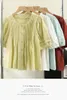 Kadın bluzları Fransız mürettebat boyunlu kabarık kol gömleği yaz 2024 pileli gevşek kısa tişört moda ve gömlek kadın