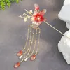 Cabinete de cabelo Red Hairpin Pearl Tassel Sticle Jóias de coque de metal dourado para mulheres Vestido de noiva chinês Clipe antigo