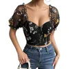 Женские блузкие рубашки Vemina ins Street Stry Style цветочный вышитый слоеной рукава сексуальные кружевные турнирные туаров