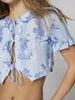 Damskie bluzki damskie Upraw podstawowe koszulki Summer Floral Print haft haft z przodu krótkie rękawy do ubrania estetyczne streetwear