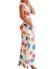 Skirts Women Summer Outfits Flower Print Short Sleeve Backless T-Shirts Tops Slit Long Skirt 2 Pieces Clothes Set