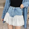 Kvinnors jeans sommarbottnar kvinnor denim mesh spetsar skarv kjolar hög midja asymmetriska frill tyll gotiska blå shorts koreanskt mode sexigt