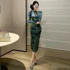 Casual Dresses Cheongsams Chinese Style Chi-pao Collar French Design 2024 Spring Basic Retro Vintage Bandage Pencil Peacock Blue Sexy Dress