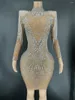 Wearging Sparkly Silver Rhinestone Mirror Tissu élastique robe courte Femme Play d'anniversaire Célébreuses Dancer Party Show HC