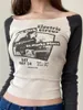 Kobiety dla kobiet Kobiety gotycki długie rękaw krótkie koszulki litera vintage druk łódka szyja sprężyna jesień szczupła dopasowanie tops streetwear