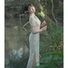 민족 의류 여름 Cheongsam 어린 소녀 중국어 스타일 Qipao 복고풍 드레스 중간 긴 흰색 달콤한 일일 파티