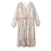 Robes de fête 2024 Boho Floral Silk V-Neck Bandage Long Robe Women's Elegant Casual Automne Automne Corean Fashion Bodycon