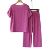 Pantalon de deux pièces pour femmes Pyjama Set Grand-mère Sleepingwear Elegant Med-Aged with Flower Print Short Sleeve Top Wide for Mother