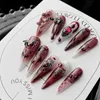Vinho vermelho manchando unhas falsas com glitter sweet charmoso reutilizável unhas falsas para diariamente e festas usando 240430