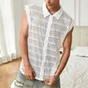 Мужские майки Tops 2024 Summer Sexy Hollow Out Mens Cardigan Vintage Lapel Zip-Up Рубашки для мужчин модной вышивкой прозрач