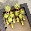 Stud Earrings S925 Silver Needle Retro Olive Green Resin Court Style Ancient Long Tassel Exaggerated Niche