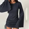 Casual jurken BKLD 2024 Fashion Slim Fit Flare Mouw Side Drawstring Hoge taille wrap jurk Sexy Club Outfit voor vrouwen Solid Color Black