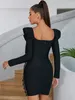 Lässige Kleider sexy Frauen schwarzer Spitze Patch Verbandskleid Langarm Perspektive Tüll Design Bodycon Mini Abend Club Party Vestidos