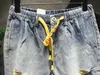 Men Broken Hole Harlan 8point Jeans Pants Loose Contrast Color Beggar Cargo Denim 240422