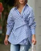 Ladies Loose Striped Shirts Autumn Chic Cotton Asymmetric Buttons Blouse Female Tops Casual Lapel Women 240426