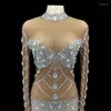 Journ de scène Sangy Sily Silver Rhinestone Pearls Transparent Robe courte de nuit Anniversaire de mariage du soir Célébreuses de promotion