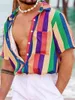 メンズカジュアルシャツ2024サマーメンズストライプの半袖緩んだビーチ男性トップバケーション服ハワイアンビーチウェア