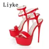 Liyke Sexy Red High Heels Platform Sandals for Women Fashion Double Buckle Strap Open Tooe Banquet Shoes Big Size 45 240430