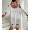 Sexy witte holle out rand bikini bedek strandjurk vrouwen 2024 zomer korte rugloze touwjurken slijtage cover-ups