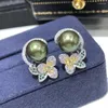 Orecchini per borchie D528 Gioielli fine Pearl 925 Sterling Silver Round 9-10 mm Natura Acqua dolce Peacarne Verde Verde.