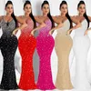 Casual jurken Sexy Sparkly Backless Long Party Dress Summer Spaghetti Strap Bodycon Sling Rhinestones Beadings avondkleding