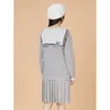 Sıradan elbiseler hmsevenjz Sonbahar Kadınlar Dress Donanma Boyun Düz Cepleri Uzun Kollu Örgü Vintage A-line etekler Tepeli Giysiler