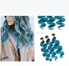 Pacotes de cabelo humano azul de dois tons com encerramento frontal de renda Brazia Virgem Cabelo Humano Onda Ombre Lace Frontal com Bundles2818283
