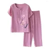 Pantalon de deux pièces pour femmes Pyjama Set Grand-mère Sleepingwear Elegant Med-Aged with Flower Print Short Sleeve Top Wide for Mother