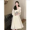 Lässige Kleider französischer Vintage Midi Kleid Frauen Langarm Pure Color Elegant Chiffon Office Lady Spitze Ein Stück Korean 2024 Frühling