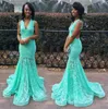 Turquoise Green Full Lace Mermiade Prom Party Robes African V Neck Robe de Soire Sweep Train Formal Long Svening Pageant Gowns4153620