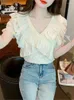 Women's Blouses Chiffon Summer Lace Patchwork V-Neck Tops Vrouwen borduurwerk mode mode ruche zoete dames bijgesneden geplooide vrouw