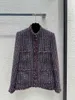Damesjassen 2024 Leer/zomer draagrretro elegante stand kraag zipper ontwerp vlinder garen blauw paarse tweed jas 0314