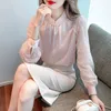 Blouses feminina Retro Vintage Button Button Lace Splicing Sation Siation Chiffon Blouse Eleggant Pink White Shirt Autumn Spring Tops