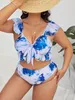 Women's Swimwear New Women Ruffles Flower Print Plus Size Swimwear Bikinis Set Sexy High Waist Swimsuit Two Piece Beachwear Bathing Suits