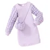 Vestidos de menina 3-7 anos crianças outono de inverno de manga longa pit bubble com sacola de cor sólida conjunto de roupas de bebê para crianças roupas para meninas