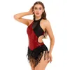 Scene Wear Womens Latin Dance Dress Sparkling paljett Bodysuit ärmlös fransad balett Leotard Ballroom Cha-Cha Tango Dancewear