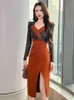 Casual Dresses Spring Lady Work Style Sequin Splic Asymmetrical Dress Women Clothes Elegant Office Commute Sexig V-ringning Slim Folds Party