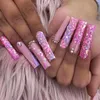24Pcs Long Coffin False Nails with Glue Wearable Brown Fake Rhinestones Ballet Press on Full Cover Nail Tips 240419