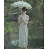 민족 의류 여름 Cheongsam 어린 소녀 중국어 스타일 Qipao 복고풍 드레스 중간 긴 흰색 달콤한 일일 파티