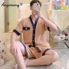 Pajamas de coton d'été pour hommes à manches courtes kimono pyjamas kawaii ours imprimées cardigan vêtements de nuit de causalité 240428
