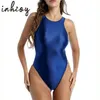 Dames badmode dames glanzend hoog gesneden bodysuit een stuk backless zwempak sexy strakke olie glanzende string turnard badpak