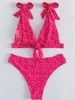 Swimwear femminile da bagno sexy cinghia spinta spinta in bikini set da donna stampato a punta rosa taglio ad alta costume da bagno da bagno in alto piscina da bagno 2024
