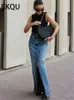 Bkqu outono azul jeans saias mulheres elegantes cintura alta fenda Escritório Lady Salia longa Street Fashion Street y2k A-line Saias de lápis 240423