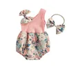 Rompers sommar baby flicka sweety outfits blommig en axel romper stretch pannband söta lapptäcke bodysuits playsuits kläder