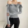 T-shirts de femmes Vêtements pour les femmes Fashion Casual Sexy Solid Bow Hollow Off épaule minceur des manches longues Blouses Elegant