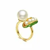 Clusterringe kreative leichte Luxus Emaille Pea Pod Perle für Frauen eröffnen verstellbare einfache grüne frische Engagement Juwely Geschenk